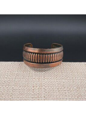 6 Inch Ribbed Wide Copper Cuff Bracelet, Artisan Textured Bangle B1210